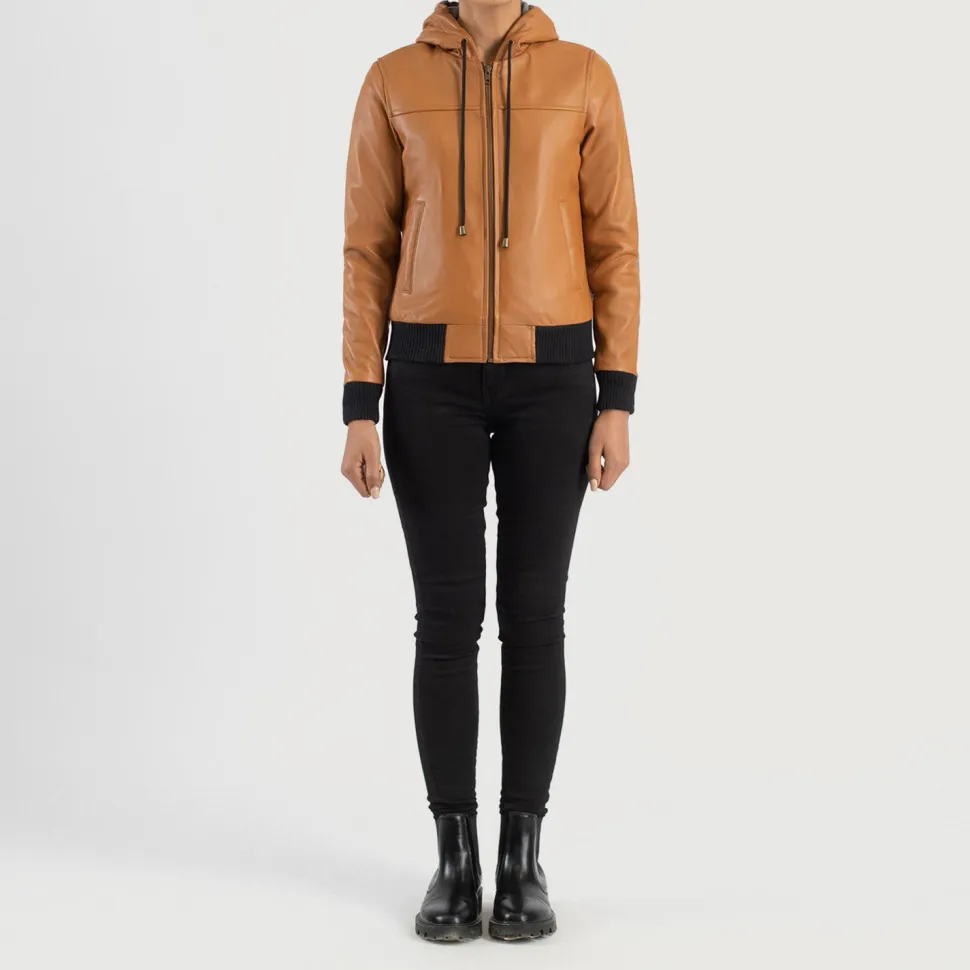 Rebella Brown Hooded Leather Bomber Jacket