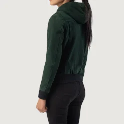 Rebella Green Hooded Suede Bomber Jacket