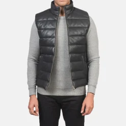 Reeves Black Leather Puffer Vest