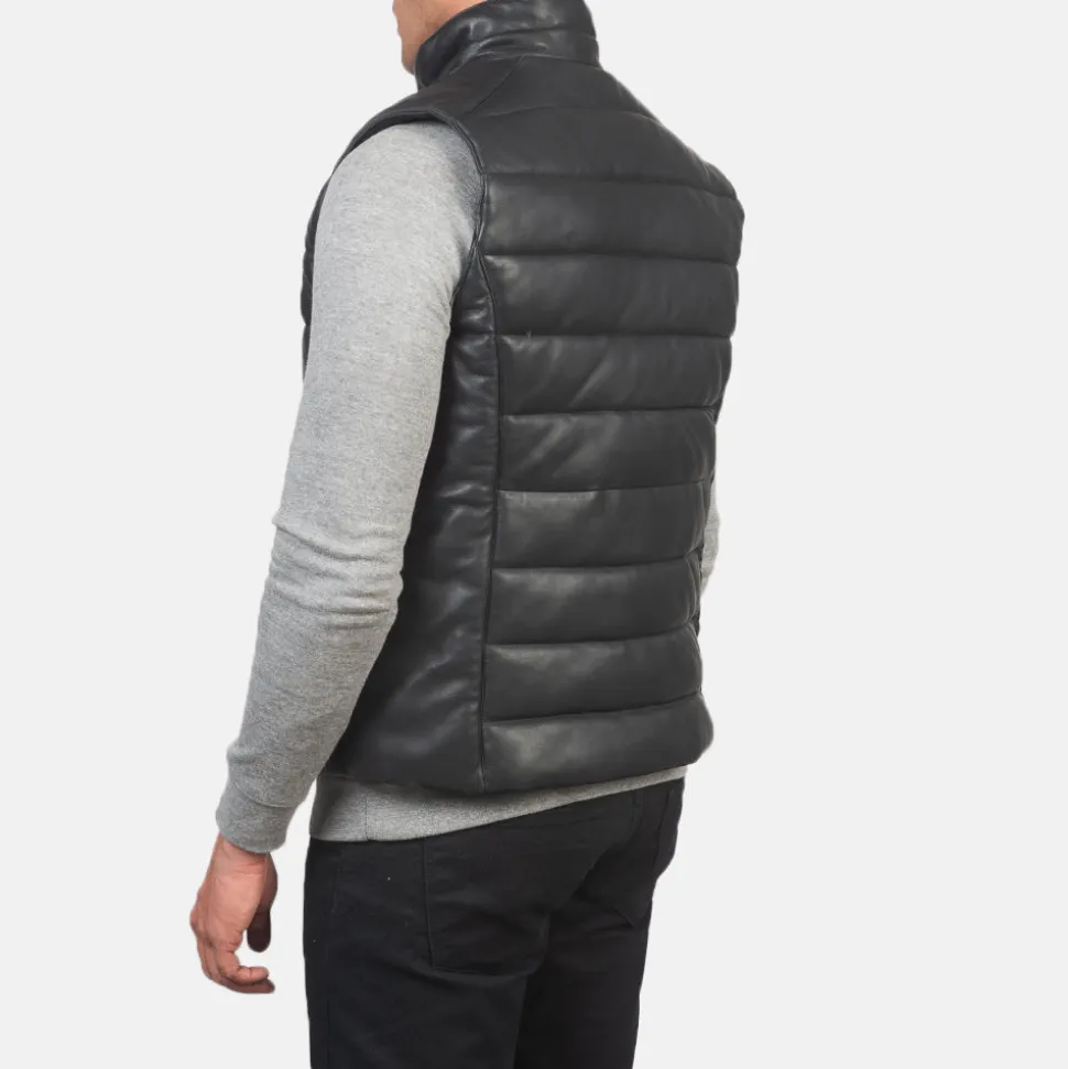 Reeves Black Leather Puffer Vest