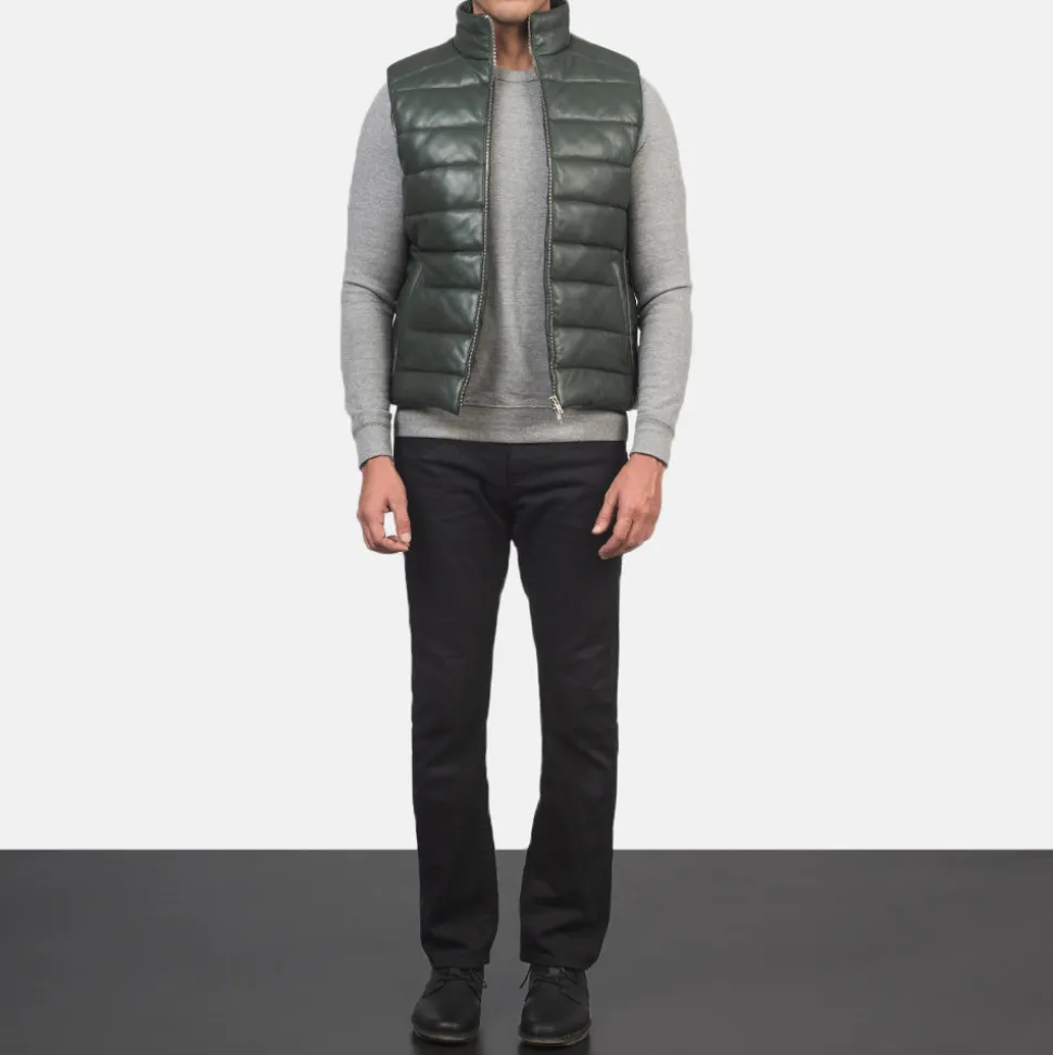 Reeves Green Leather Puffer Vest