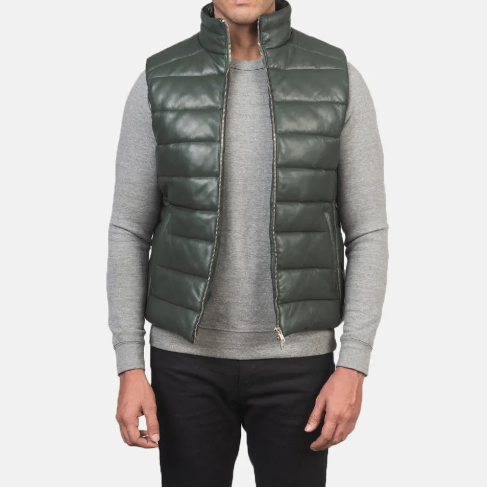 Reeves Green Leather Puffer Vest