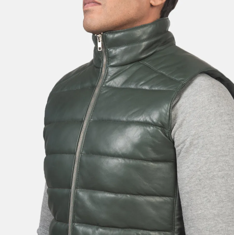 Reeves Green Leather Puffer Vest