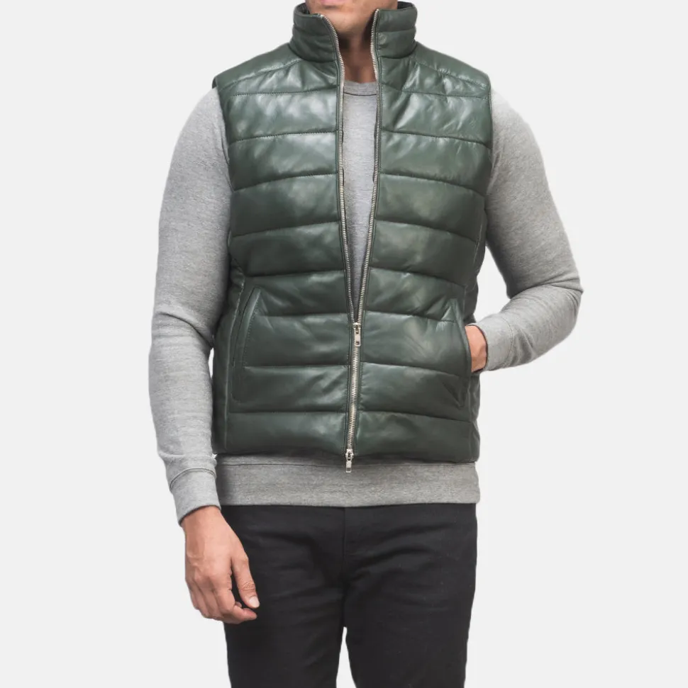 Reeves Green Leather Puffer Vest