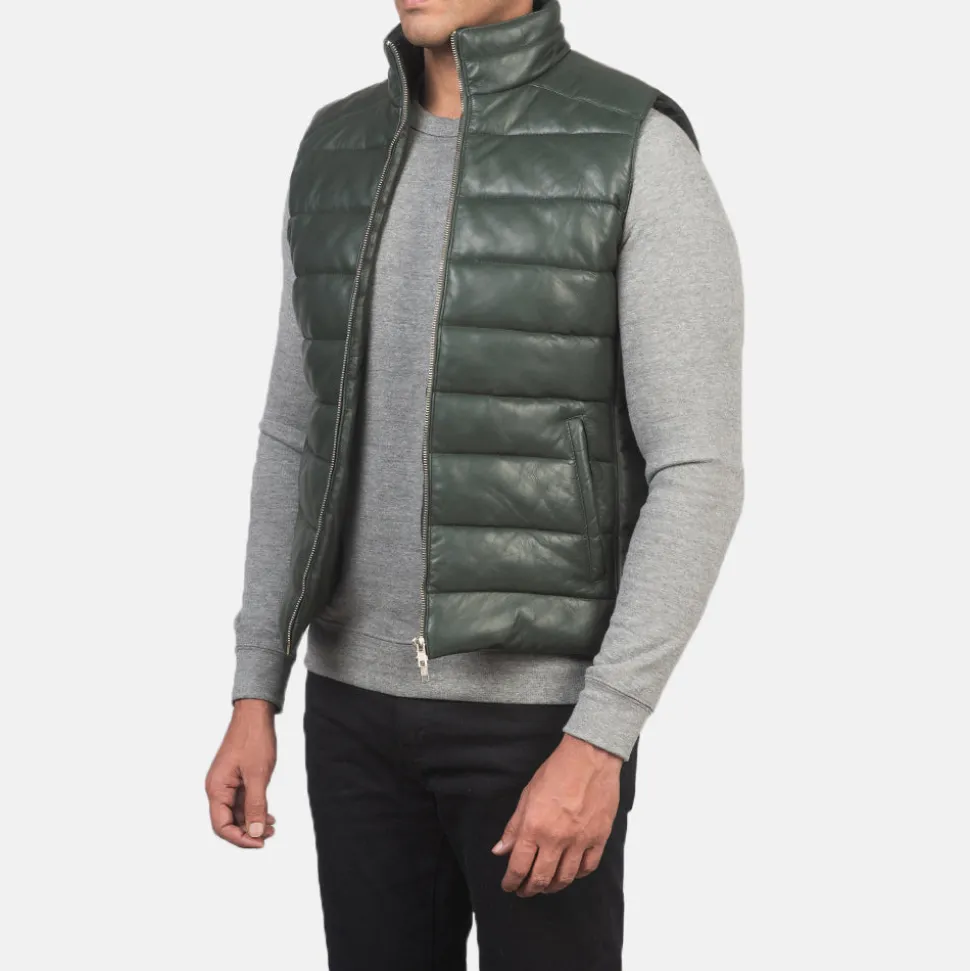 Reeves Green Leather Puffer Vest