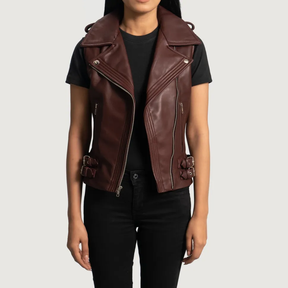 Rhonda Maroon Leather Biker Vest