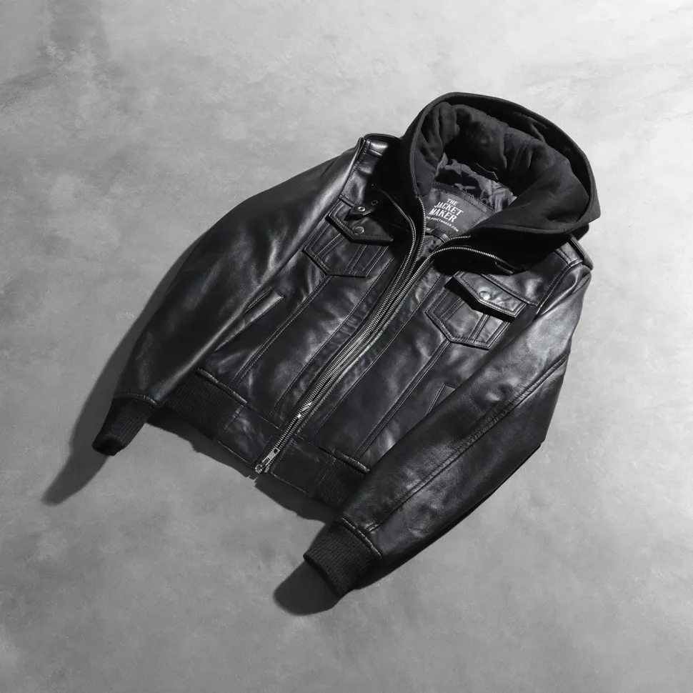 Roslyn Black Hooded Leather Bomber Jacket