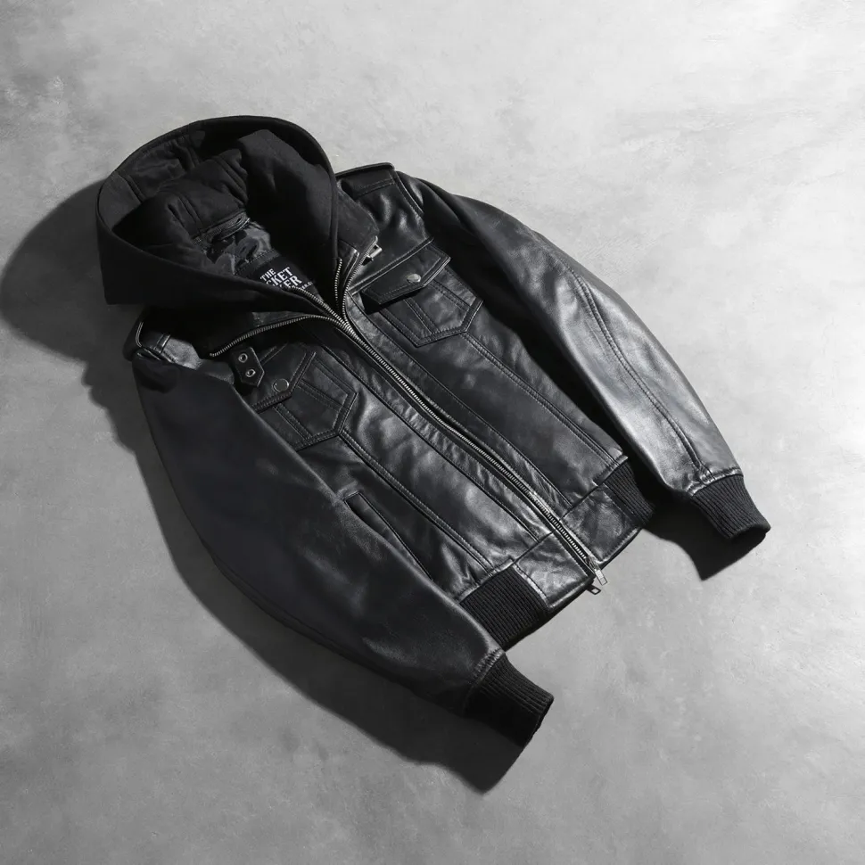 Roslyn Black Hooded Leather Bomber Jacket