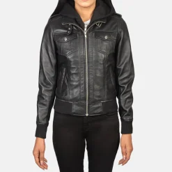 Roslyn Black Hooded Leather Bomber Jacket