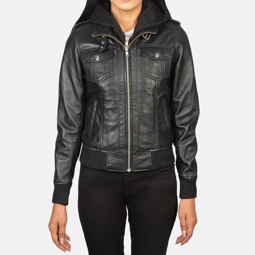 Roslyn Black Hooded Leather Bomber Jacket