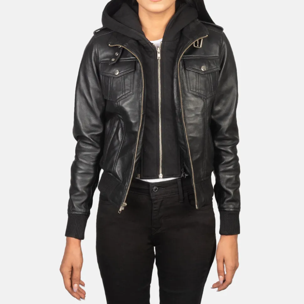 Roslyn Black Hooded Leather Bomber Jacket
