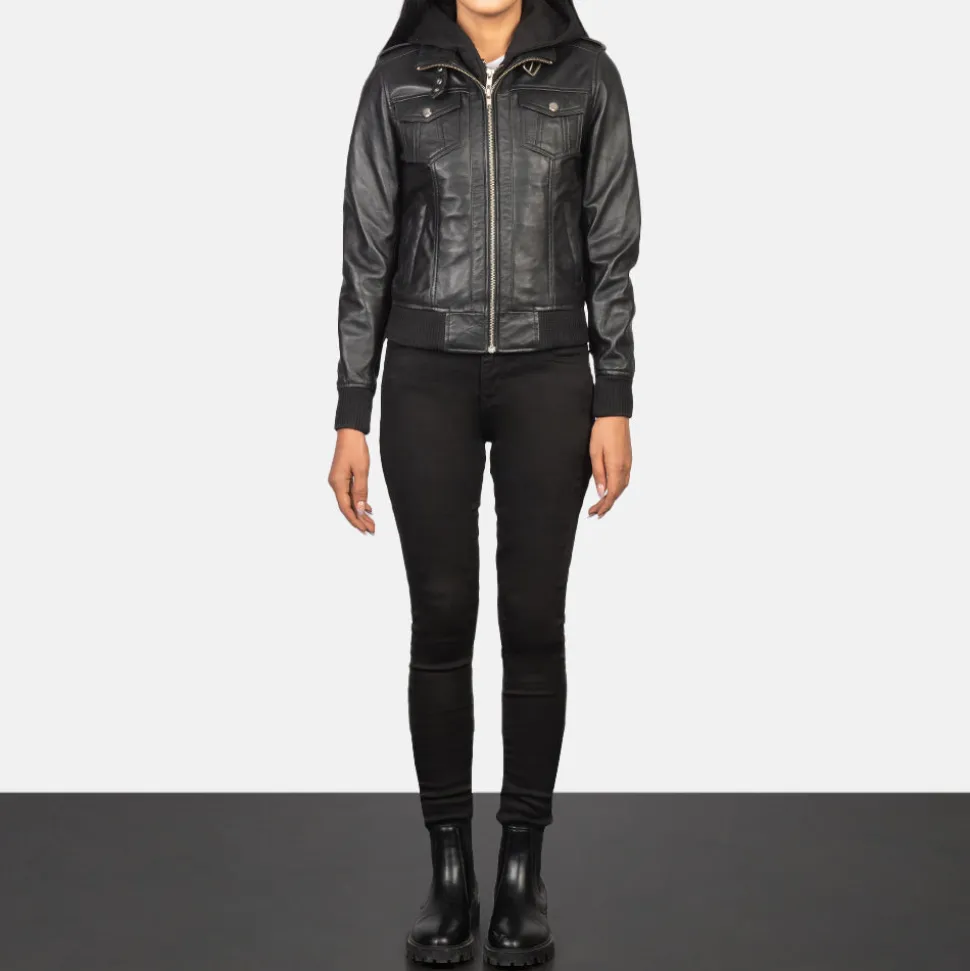 Roslyn Black Hooded Leather Bomber Jacket