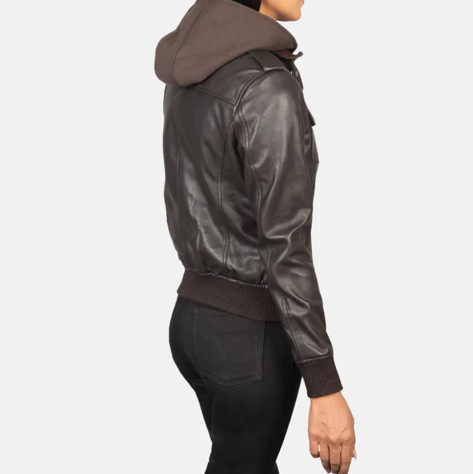 Roslyn Brown Hooded Leather Bomber Jacket