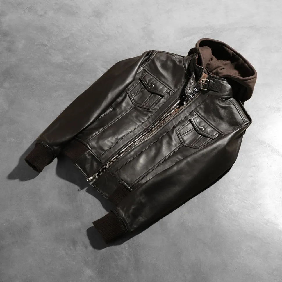 Roslyn Brown Hooded Leather Bomber Jacket