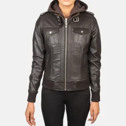 Roslyn Brown Hooded Leather Bomber Jacket