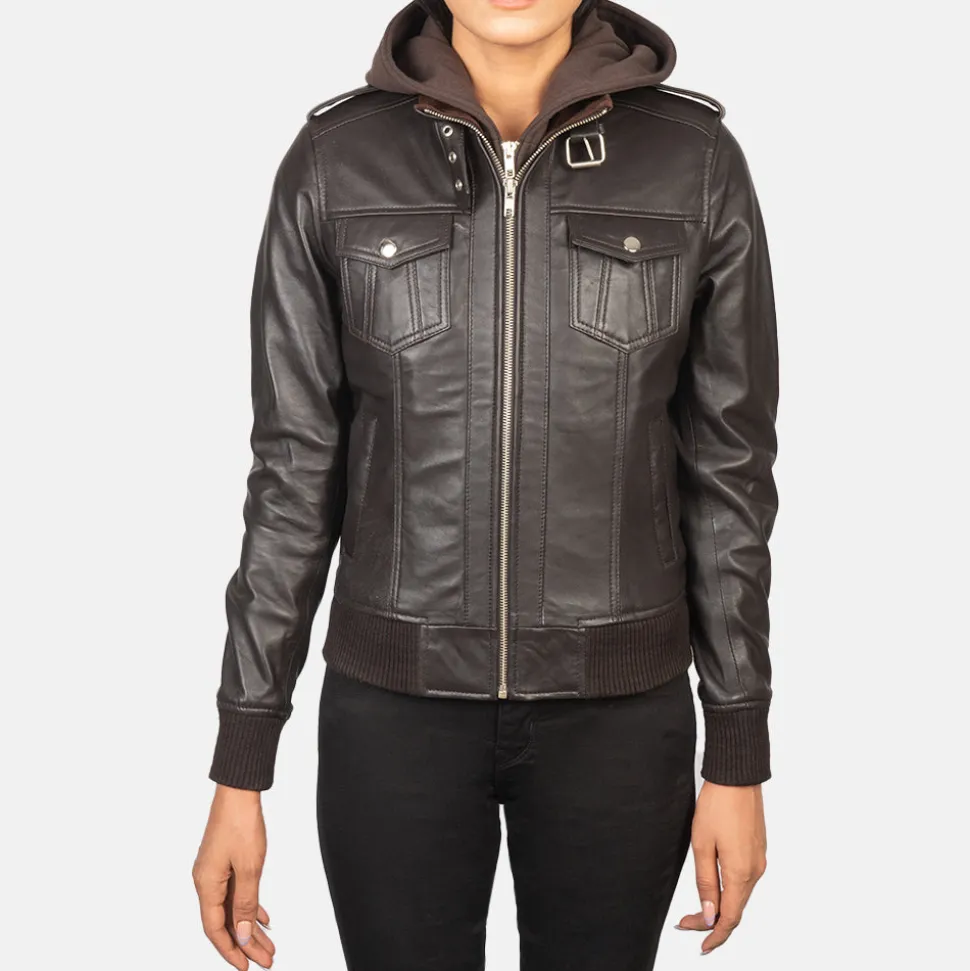 Roslyn Brown Hooded Leather Bomber Jacket