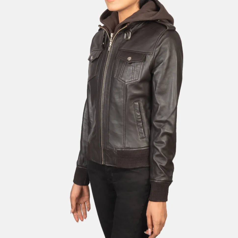Roslyn Brown Hooded Leather Bomber Jacket