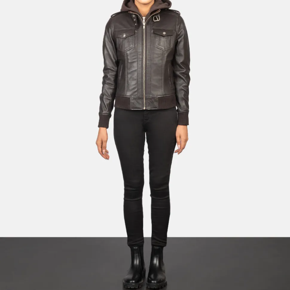 Roslyn Brown Hooded Leather Bomber Jacket