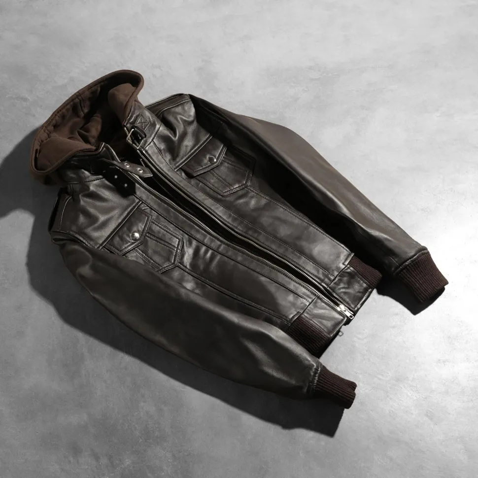 Roslyn Brown Hooded Leather Bomber Jacket
