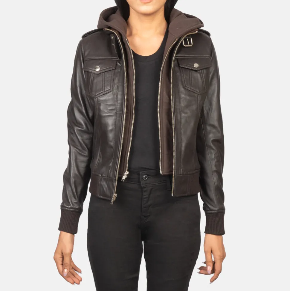 Roslyn Brown Hooded Leather Bomber Jacket