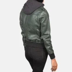 Roslyn Green Hooded Leather Bomber Jacket