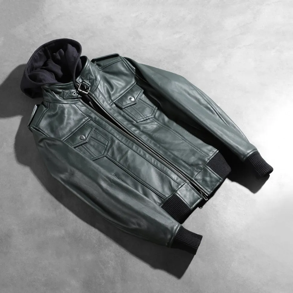 Roslyn Green Hooded Leather Bomber Jacket