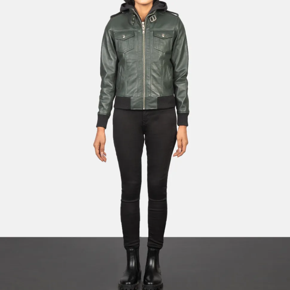 Roslyn Green Hooded Leather Bomber Jacket