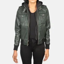 Roslyn Green Hooded Leather Bomber Jacket