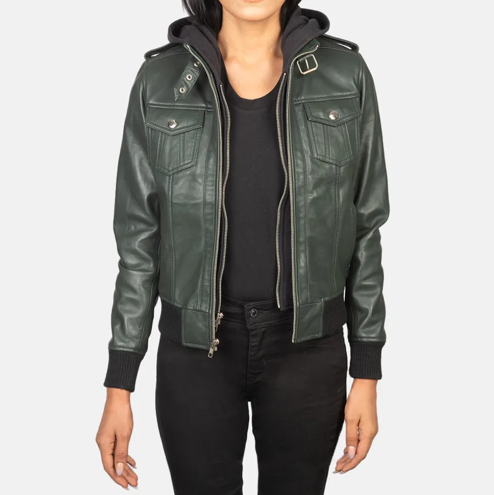 Roslyn Green Hooded Leather Bomber Jacket