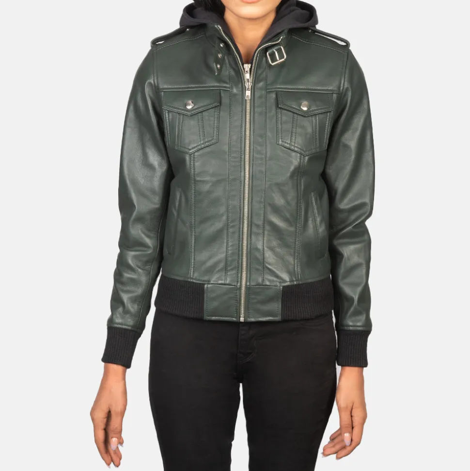 Roslyn Green Hooded Leather Bomber Jacket