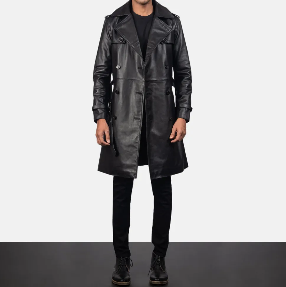 Royson Black Leather Duster Coat