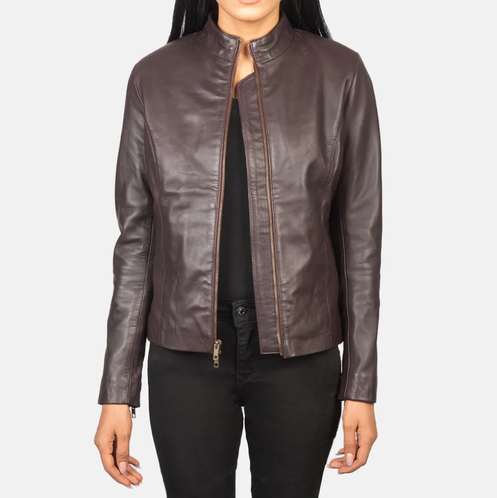 Rumella Maroon Leather Biker Jacket