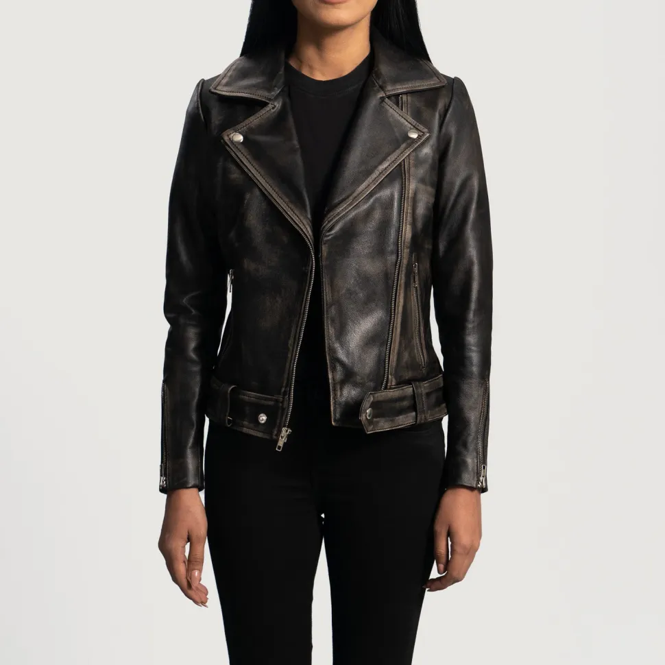 Rumy Distressed Brown Leather Biker Jacket