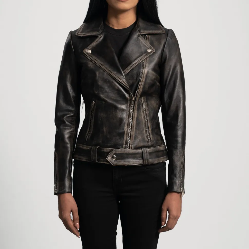 Rumy Distressed Brown Leather Biker Jacket