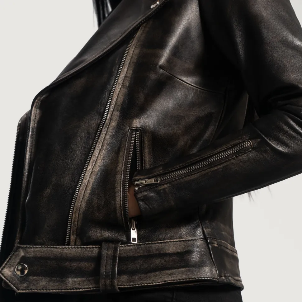 Rumy Distressed Brown Leather Biker Jacket
