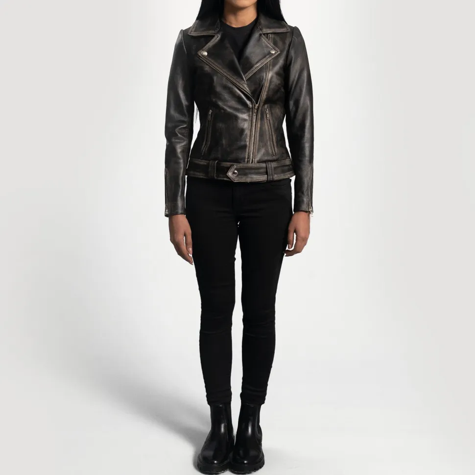 Rumy Distressed Brown Leather Biker Jacket