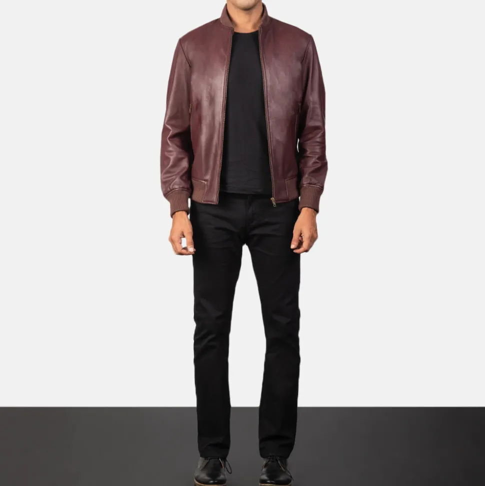 Shane Maroon Leather Bomber Jacket