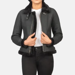Sherilyn B-3 Distressed Black Leather Bomber Jacket