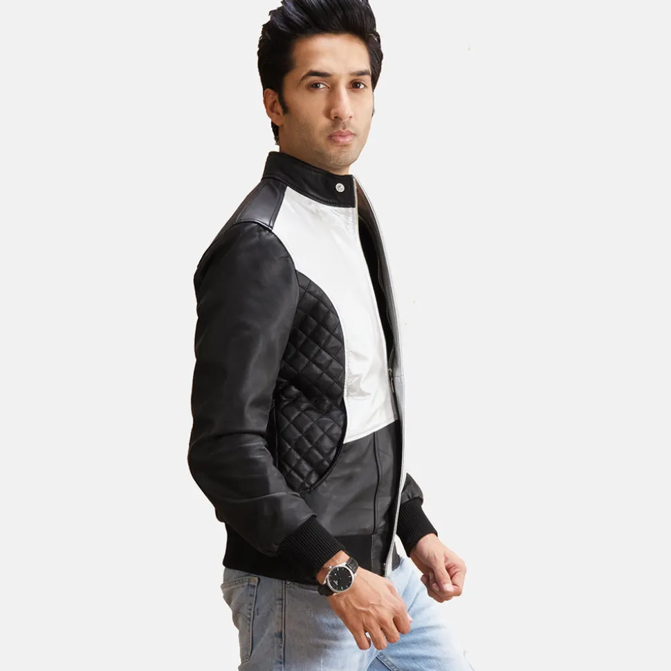 Spade Silver Black Leather Bomber Jacket