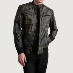 Sven Distressed Brown Leather Bomber Jacket