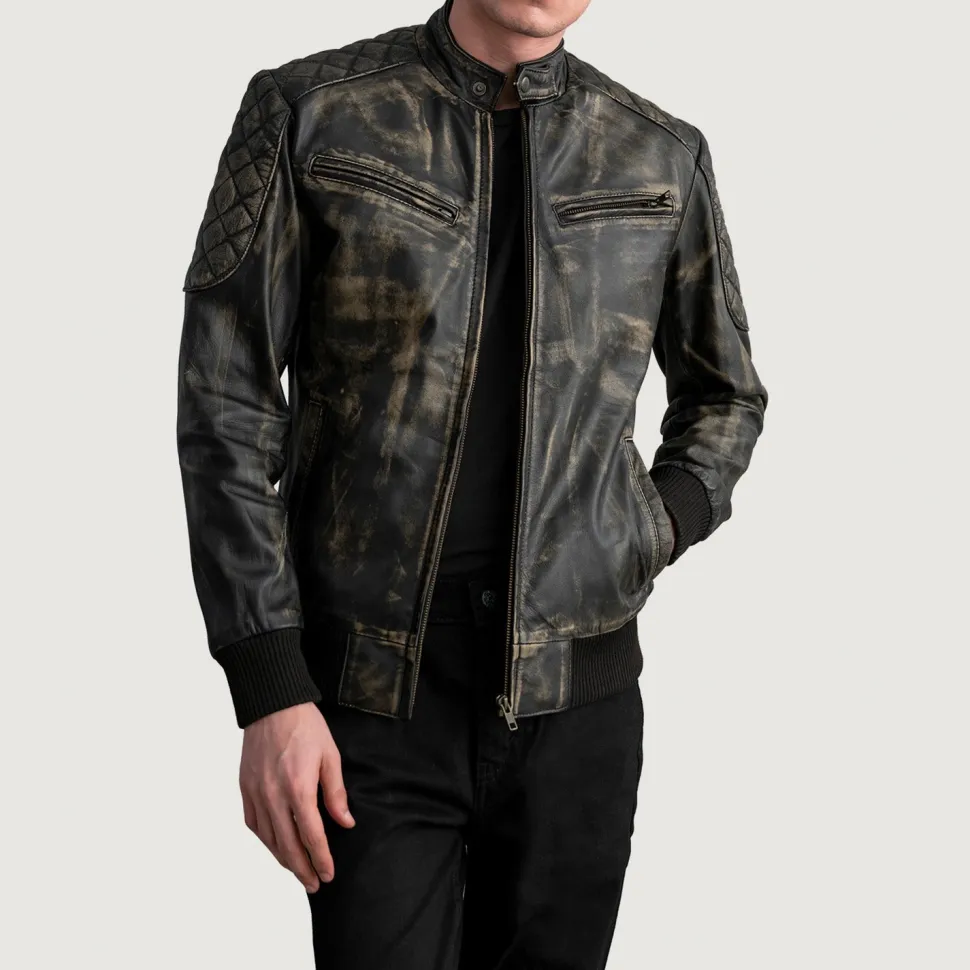 Sven Distressed Brown Leather Bomber Jacket