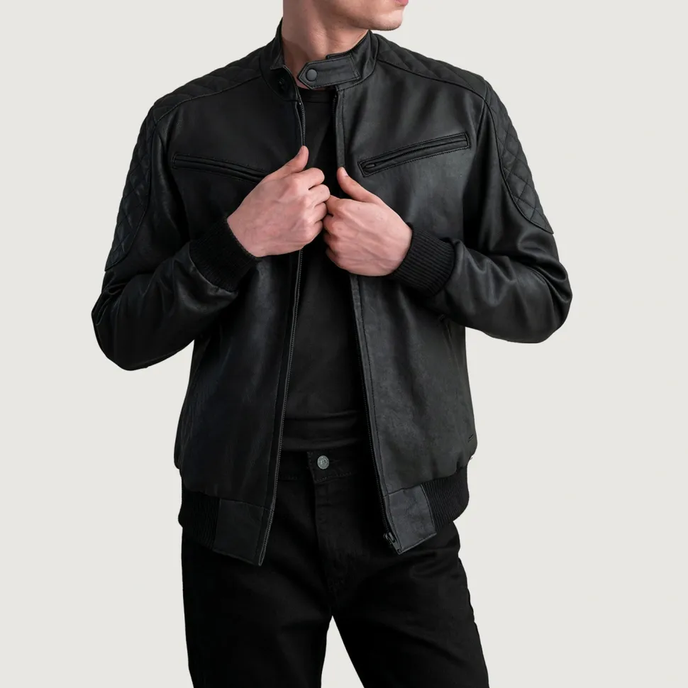 Sven Tumbled Black Leather Bomber Jacket