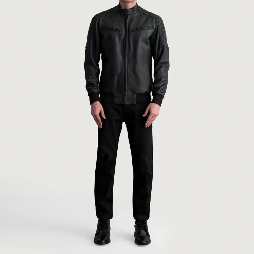 Sven Tumbled Black Leather Bomber Jacket