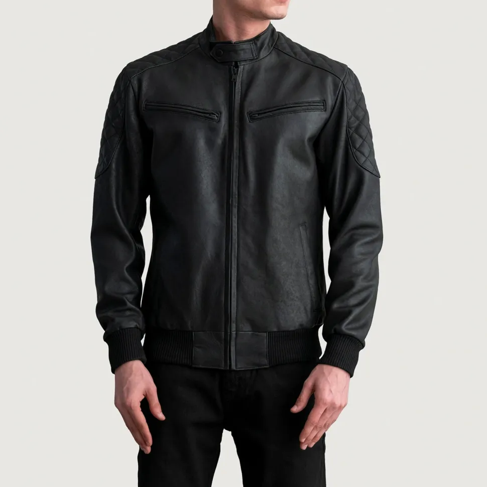 Sven Tumbled Black Leather Bomber Jacket