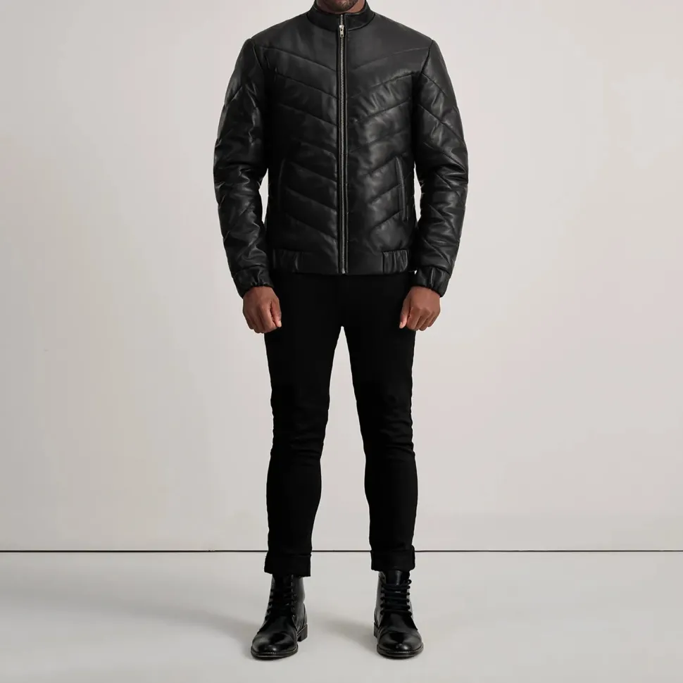 Travis Black Leather Puffer Jacket