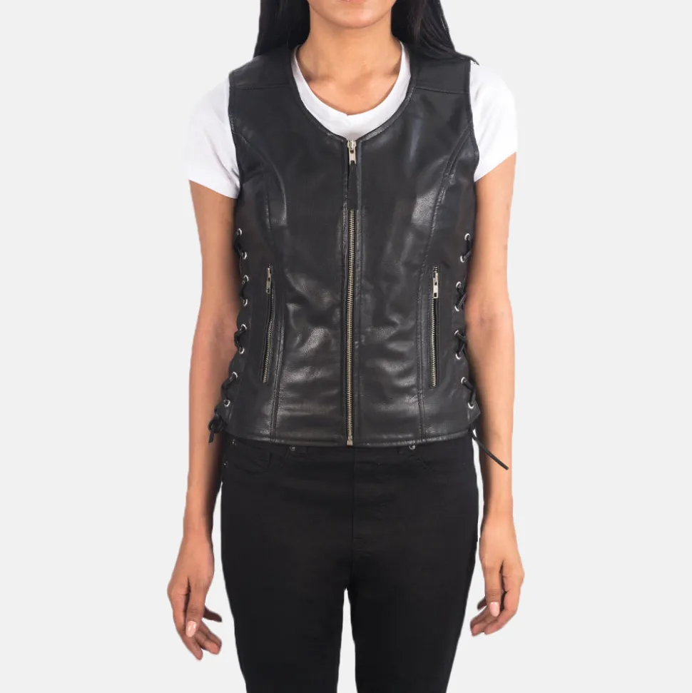 Vanda Black Leather Biker Vest