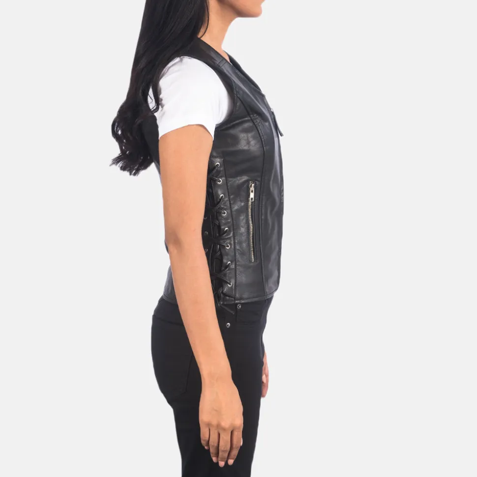 Vanda Black Leather Biker Vest