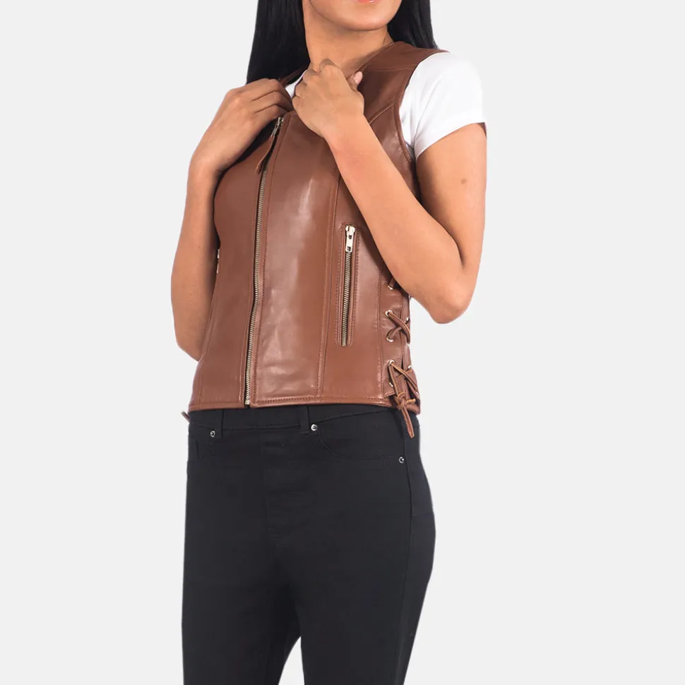 Vanda Brown Leather Biker Vest