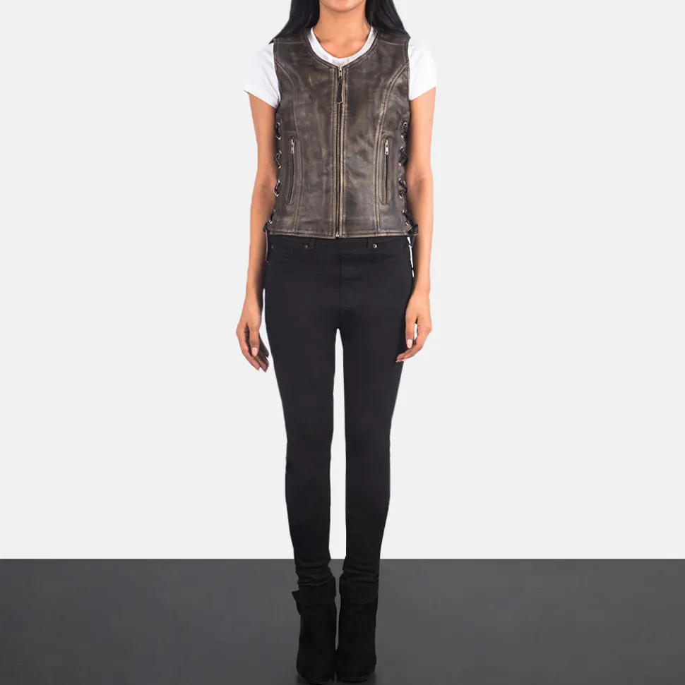 Vanda Distressed Brown Leather Biker Vest