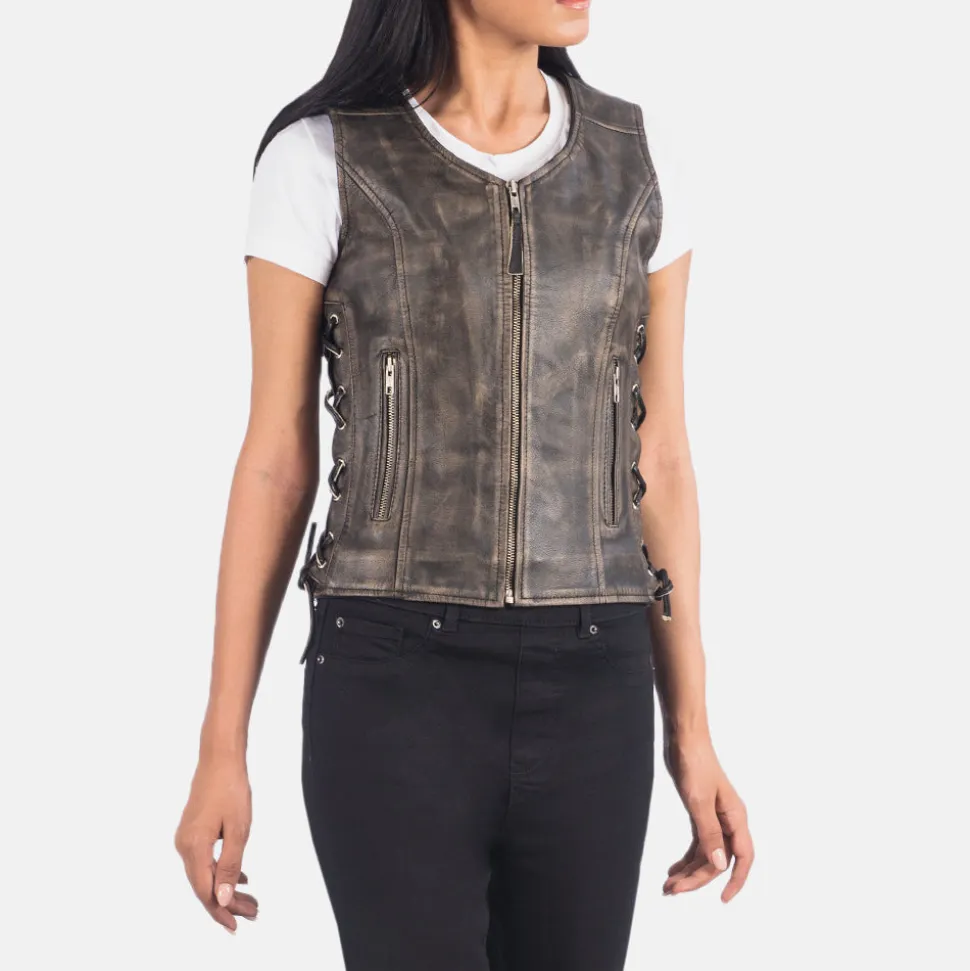 Vanda Distressed Brown Leather Biker Vest